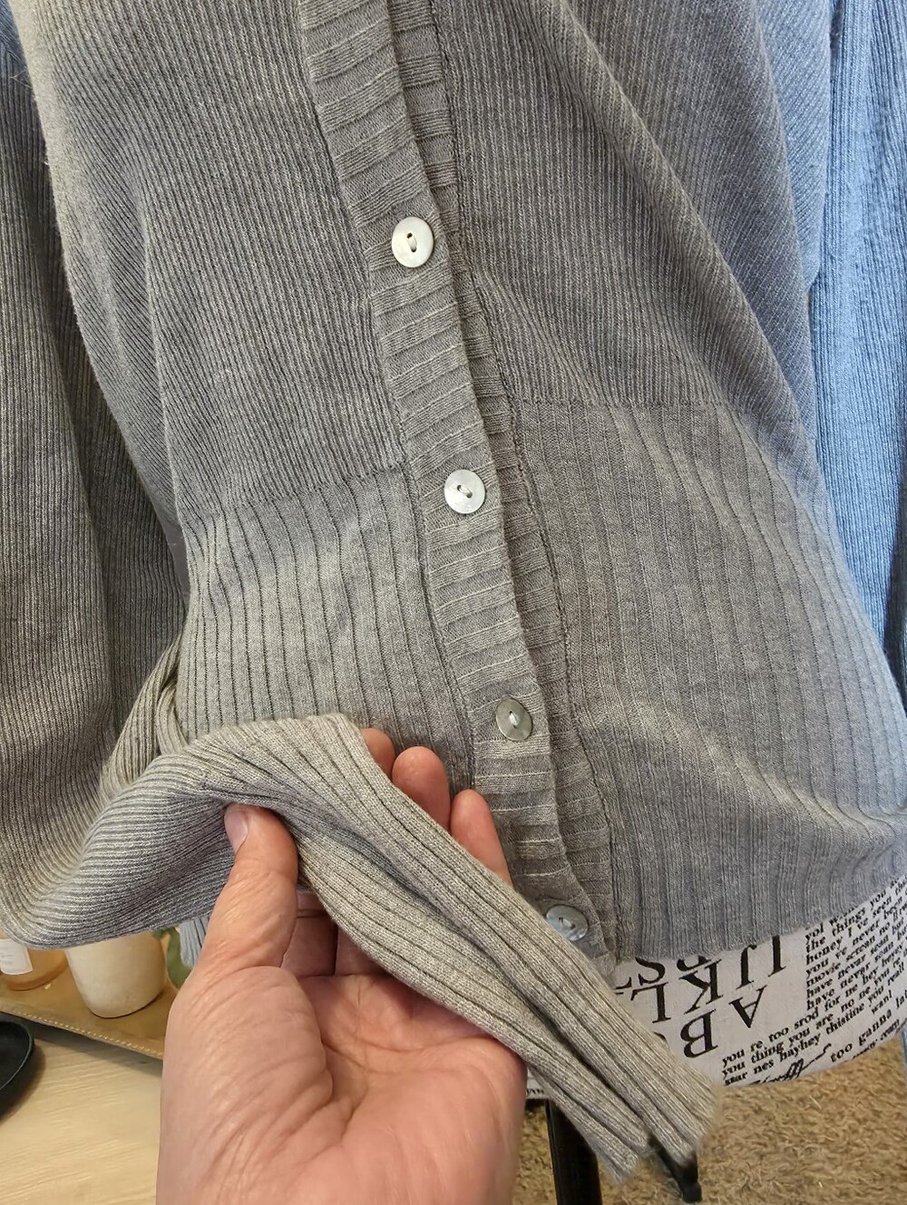Gray Ribbed Button-Front Lace-Trim Cardigan Sweater - Picture 5 of 8